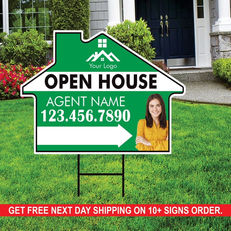 10 Pack Custom Open House Arrow Yard Sign 18" x 24", 2 Sided Add Your Text, Logo, Photo Personalized Directional Signs with Metal H-Stake
