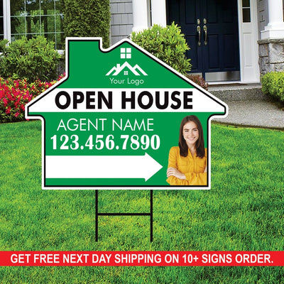 10 Pack Custom Open House Arrow Yard Sign 18" x 24", 2 Sided Add Your Text, Logo, Photo Personalized Directional Signs with Metal H-Stake