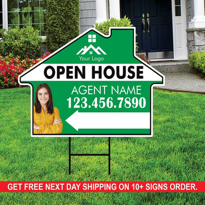 10 Pack Custom Open House Arrow Yard Sign 18" x 24", 2 Sided Add Your Text, Logo, Photo Personalized Directional Signs with Metal H-Stake
