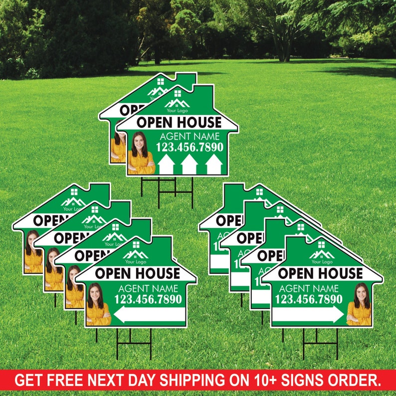 10 Pack Custom Open House Arrow Yard Sign 18" x 24", 2 Sided Add Your Text, Logo, Photo Personalized Directional Signs with Metal H-Stake