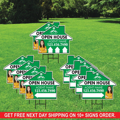 10 Pack Custom Open House Arrow Yard Sign 18" x 24", 2 Sided Add Your Text, Logo, Photo Personalized Directional Signs with Metal H-Stake