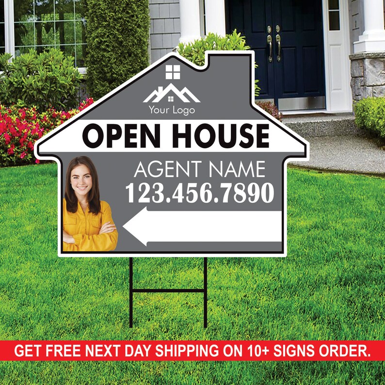 10 Pack Custom Open House Arrow Yard Sign 18" x 24", 2 Sided Add Your Text, Logo, Photo Personalized Directional Signs with Metal H-Stake