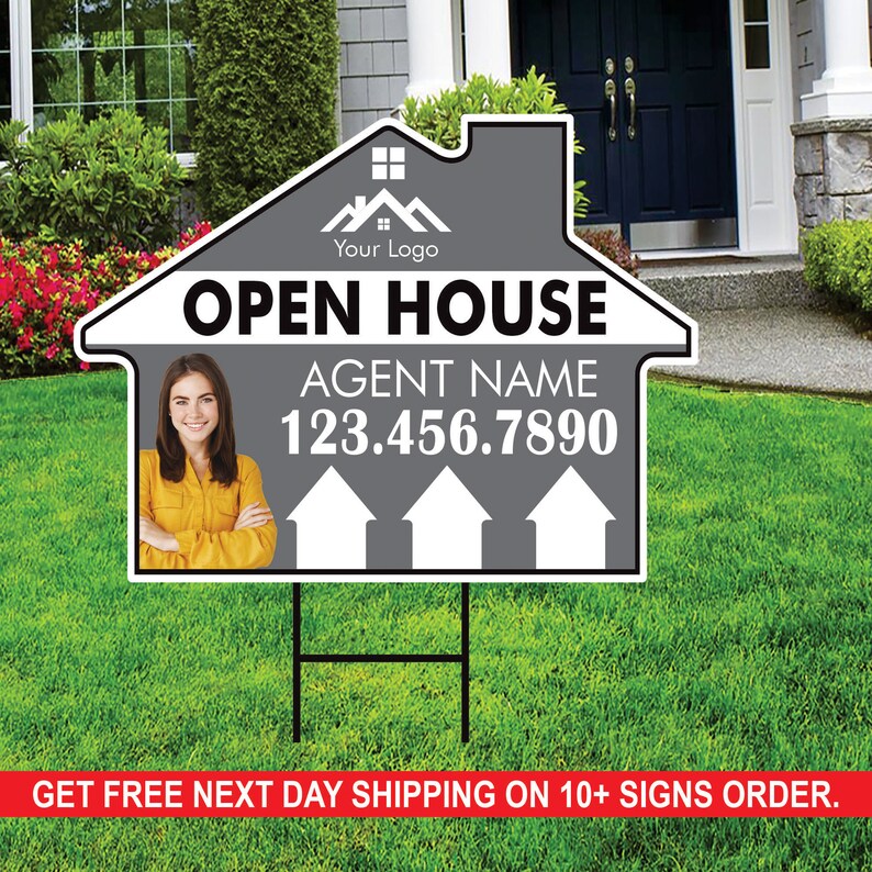 10 Pack Custom Open House Arrow Yard Sign 18" x 24", 2 Sided Add Your Text, Logo, Photo Personalized Directional Signs with Metal H-Stake