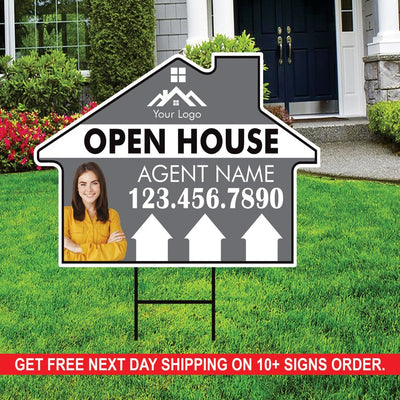 10 Pack Custom Open House Arrow Yard Sign 18" x 24", 2 Sided Add Your Text, Logo, Photo Personalized Directional Signs with Metal H-Stake