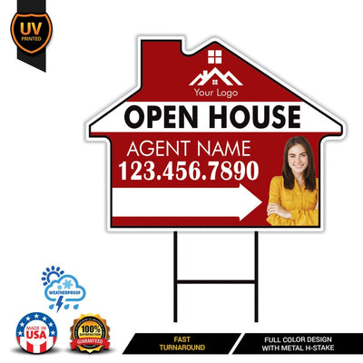 10 Pack Custom Open House Arrow Yard Sign 18" x 24", 2 Sided Add Your Text, Logo, Photo Personalized Directional Signs with Metal H-Stake