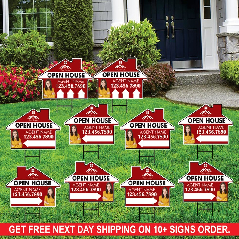 10 Pack Custom Open House Arrow Yard Sign 18" x 24", 2 Sided Add Your Text, Logo, Photo Personalized Directional Signs with Metal H-Stake