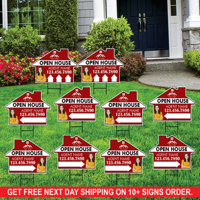 10 Pack Custom Open House Arrow Yard Sign 18" x 24", 2 Sided Add Your Text, Logo, Photo Personalized Directional Signs with Metal H-Stake