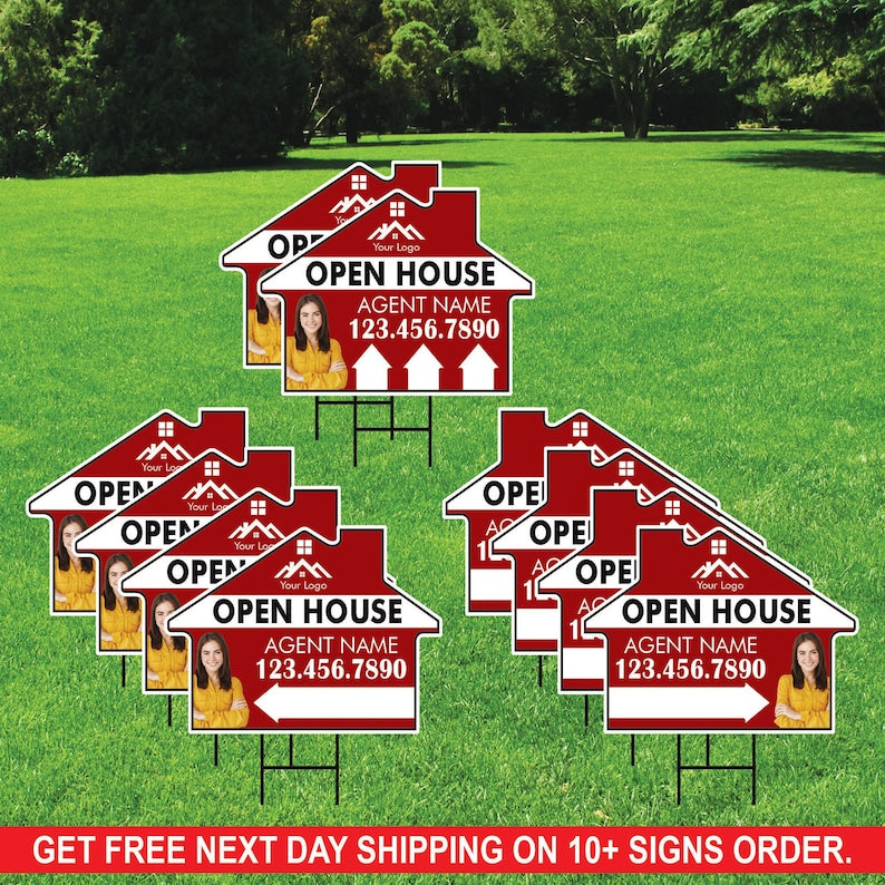 10 Pack Custom Open House Arrow Yard Sign 18" x 24", 2 Sided Add Your Text, Logo, Photo Personalized Directional Signs with Metal H-Stake