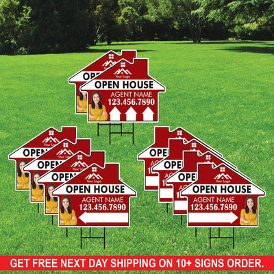 10 Pack Custom Open House Arrow Yard Sign 18" x 24", 2 Sided Add Your Text, Logo, Photo Personalized Directional Signs with Metal H-Stake