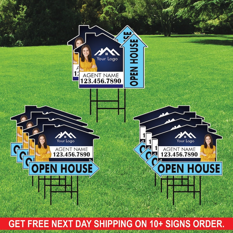 10 Pack Custom Open House Arrow Yard Sign 18" x 24", 2 Sided Add Your Text, Logo, Photo Personalized Directional Signs with Metal H-Stake