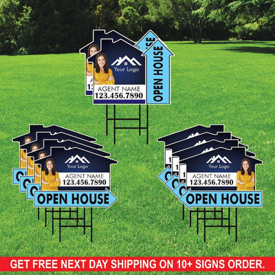 10 Pack Custom Open House Arrow Yard Sign 18" x 24", 2 Sided Add Your Text, Logo, Photo Personalized Directional Signs with Metal H-Stake
