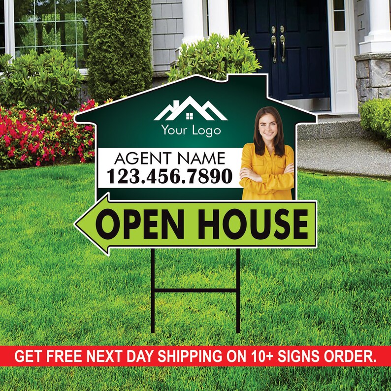 10 Pack Custom Open House Arrow Yard Sign 18" x 24", 2 Sided Add Your Text, Logo, Photo Personalized Directional Signs with Metal H-Stake