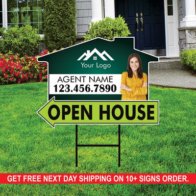 10 Pack Custom Open House Arrow Yard Sign 18" x 24", 2 Sided Add Your Text, Logo, Photo Personalized Directional Signs with Metal H-Stake