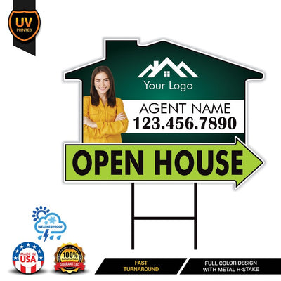 10 Pack Custom Open House Arrow Yard Sign 18" x 24", 2 Sided Add Your Text, Logo, Photo Personalized Directional Signs with Metal H-Stake