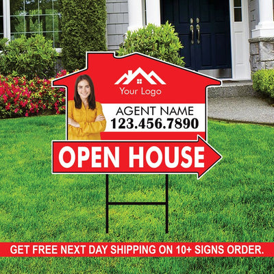 10 Pack Custom Open House Arrow Yard Sign 18" x 24", 2 Sided Add Your Text, Logo, Photo Personalized Directional Signs with Metal H-Stake