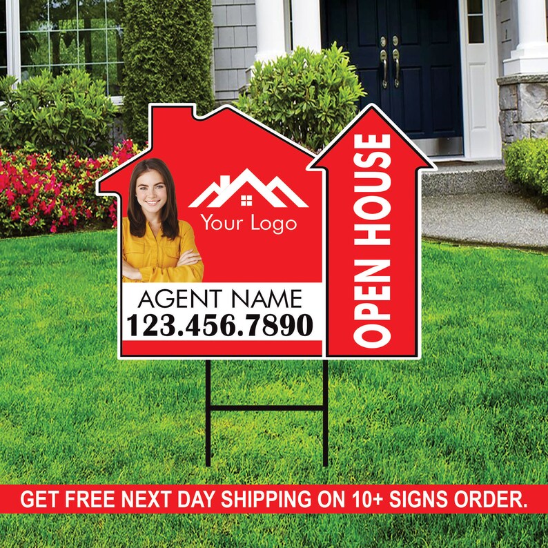 10 Pack Custom Open House Arrow Yard Sign 18" x 24", 2 Sided Add Your Text, Logo, Photo Personalized Directional Signs with Metal H-Stake