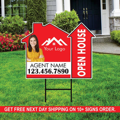 10 Pack Custom Open House Arrow Yard Sign 18" x 24", 2 Sided Add Your Text, Logo, Photo Personalized Directional Signs with Metal H-Stake