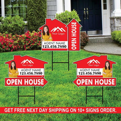 10 Pack Custom Open House Arrow Yard Sign 18" x 24", 2 Sided Add Your Text, Logo, Photo Personalized Directional Signs with Metal H-Stake
