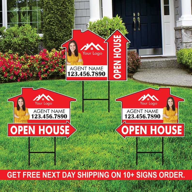 10 Pack Custom Open House Arrow Yard Sign 18" x 24", 2 Sided Add Your Text, Logo, Photo Personalized Directional Signs with Metal H-Stake