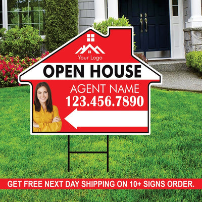 10 Pack Custom Open House Arrow Yard Sign 18" x 24", 2 Sided Add Your Text, Logo, Photo Personalized Directional Signs with Metal H-Stake