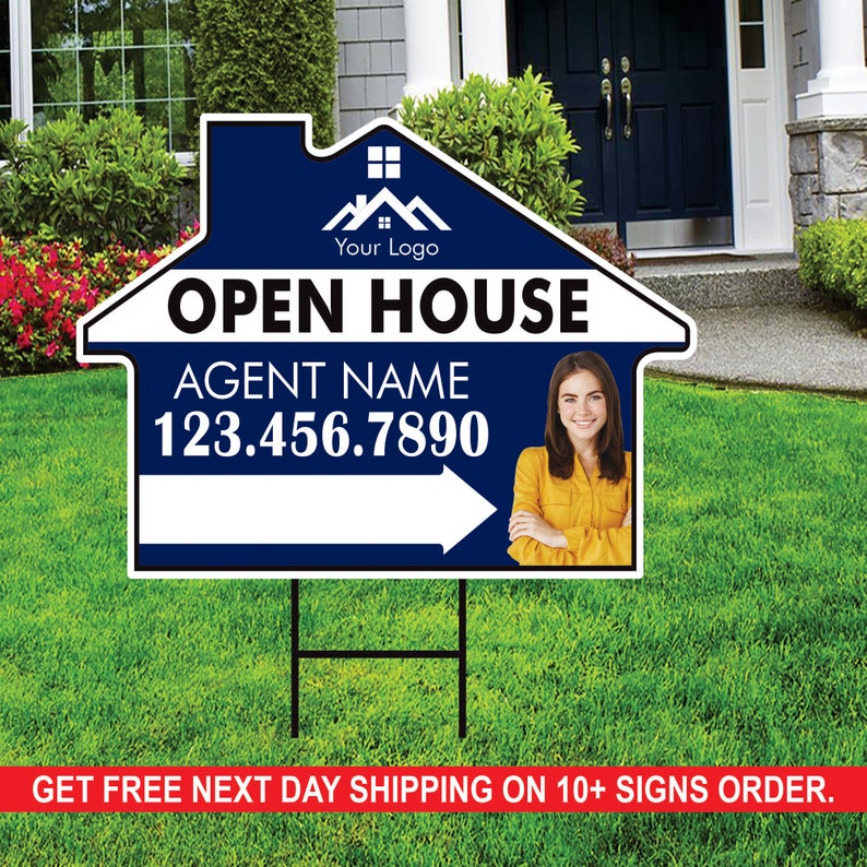10 Pack Custom Open House Arrow Yard Sign 18" x 24", 2 Sided Add Your Text, Logo, Photo Personalized Directional Signs with Metal H-Stake