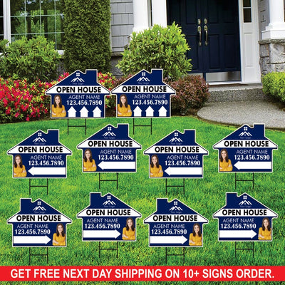 10 Pack Custom Open House Arrow Yard Sign 18" x 24", 2 Sided Add Your Text, Logo, Photo Personalized Directional Signs with Metal H-Stake