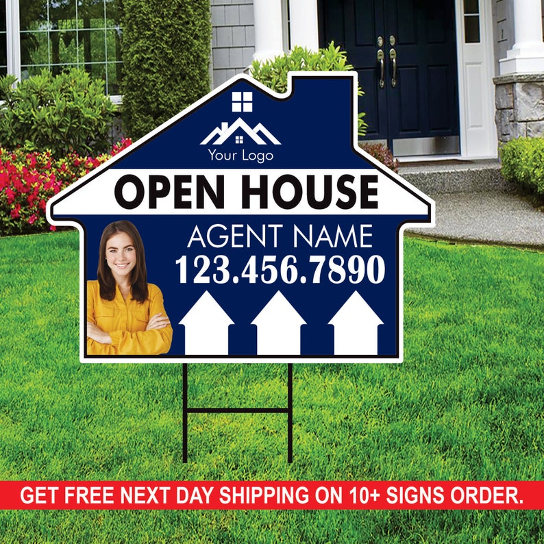 10 Pack Custom Open House Arrow Yard Sign 18" x 24", 2 Sided Add Your Text, Logo, Photo Personalized Directional Signs with Metal H-Stake
