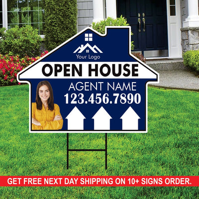10 Pack Custom Open House Arrow Yard Sign 18" x 24", 2 Sided Add Your Text, Logo, Photo Personalized Directional Signs with Metal H-Stake