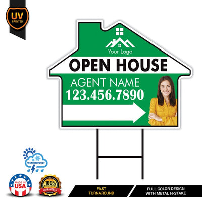 10 Pack Custom Open House Arrow Yard Sign 18" x 24", 2 Sided Add Your Text, Logo, Photo Personalized Directional Signs with Metal H-Stake
