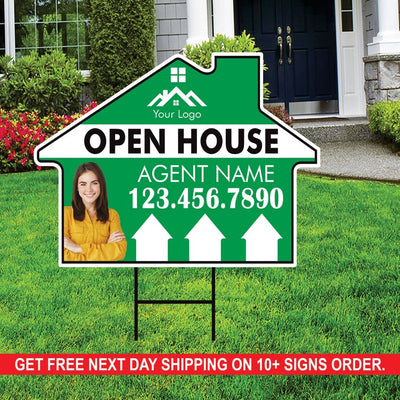 10 Pack Custom Open House Arrow Yard Sign 18" x 24", 2 Sided Add Your Text, Logo, Photo Personalized Directional Signs with Metal H-Stake