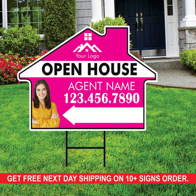 10 Pack Custom Open House Arrow Yard Sign 18" x 24", 2 Sided Add Your Text, Logo, Photo Personalized Directional Signs with Metal H-Stake