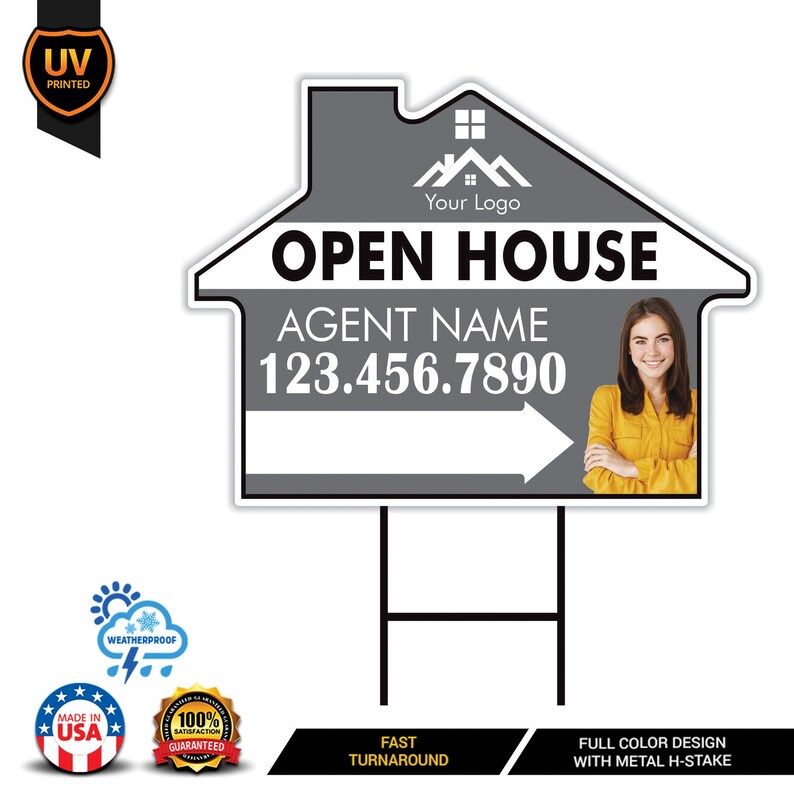 10 Pack Custom Open House Arrow Yard Sign 18" x 24", 2 Sided Add Your Text, Logo, Photo Personalized Directional Signs with Metal H-Stake