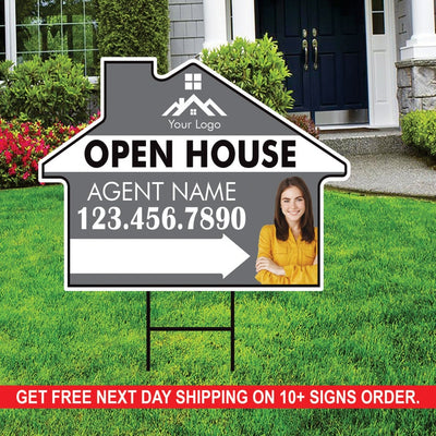 10 Pack Custom Open House Arrow Yard Sign 18" x 24", 2 Sided Add Your Text, Logo, Photo Personalized Directional Signs with Metal H-Stake
