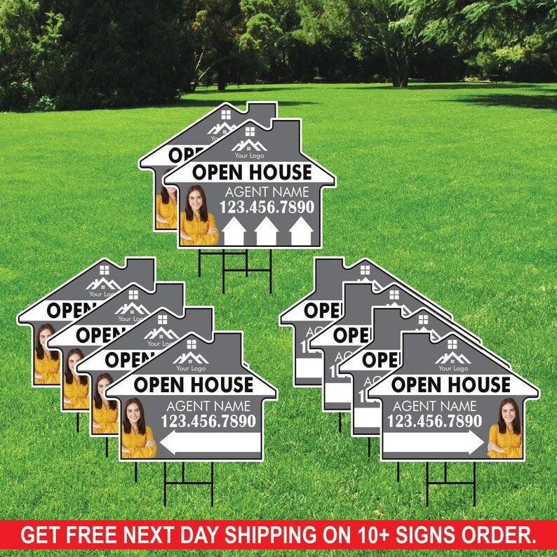10 Pack Custom Open House Arrow Yard Sign 18" x 24", 2 Sided Add Your Text, Logo, Photo Personalized Directional Signs with Metal H-Stake