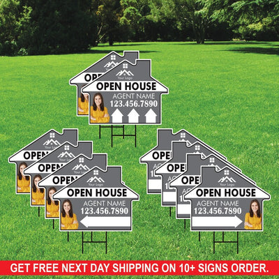 10 Pack Custom Open House Arrow Yard Sign 18" x 24", 2 Sided Add Your Text, Logo, Photo Personalized Directional Signs with Metal H-Stake