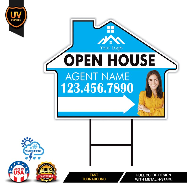 10 Pack Custom Open House Arrow Yard Sign 18" x 24", 2 Sided Add Your Text, Logo, Photo Personalized Directional Signs with Metal H-Stake