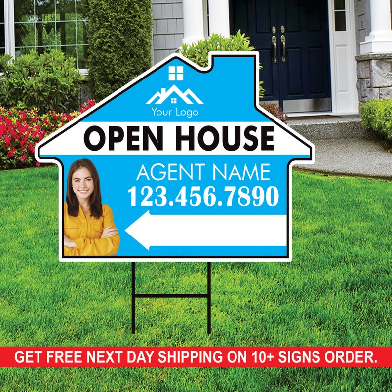 10 Pack Custom Open House Arrow Yard Sign 18" x 24", 2 Sided Add Your Text, Logo, Photo Personalized Directional Signs with Metal H-Stake