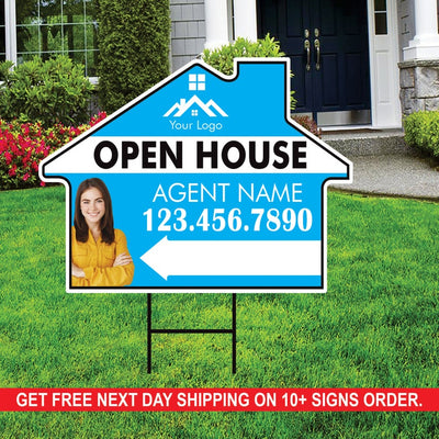 10 Pack Custom Open House Arrow Yard Sign 18" x 24", 2 Sided Add Your Text, Logo, Photo Personalized Directional Signs with Metal H-Stake