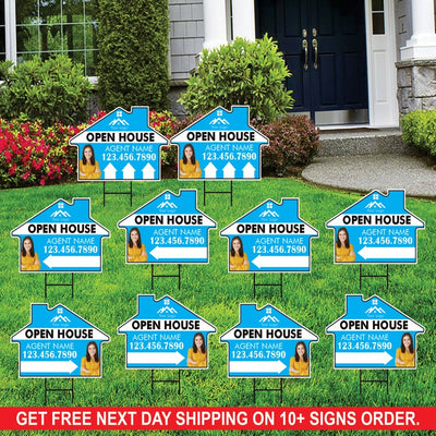 10 Pack Custom Open House Arrow Yard Sign 18" x 24", 2 Sided Add Your Text, Logo, Photo Personalized Directional Signs with Metal H-Stake