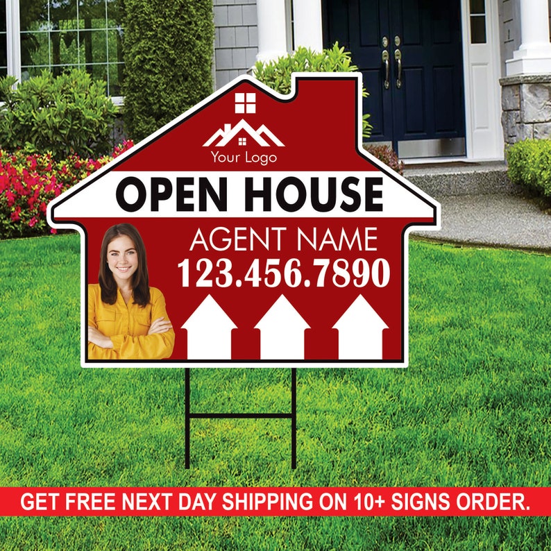 10 Pack Custom Open House Arrow Yard Sign 18" x 24", 2 Sided Add Your Text, Logo, Photo Personalized Directional Signs with Metal H-Stake
