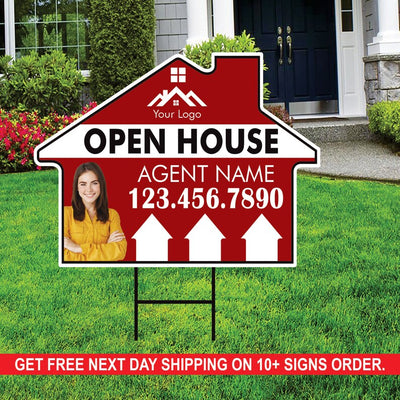 10 Pack Custom Open House Arrow Yard Sign 18" x 24", 2 Sided Add Your Text, Logo, Photo Personalized Directional Signs with Metal H-Stake