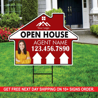 10 Pack Custom Open House Arrow Yard Sign 18" x 24", 2 Sided Add Your Text, Logo, Photo Personalized Directional Signs with Metal H-Stake
