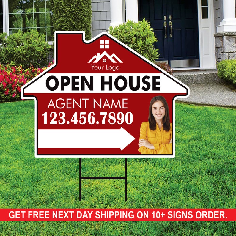 10 Pack Custom Open House Arrow Yard Sign 18" x 24", 2 Sided Add Your Text, Logo, Photo Personalized Directional Signs with Metal H-Stake