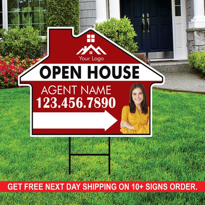 10 Pack Custom Open House Arrow Yard Sign 18" x 24", 2 Sided Add Your Text, Logo, Photo Personalized Directional Signs with Metal H-Stake