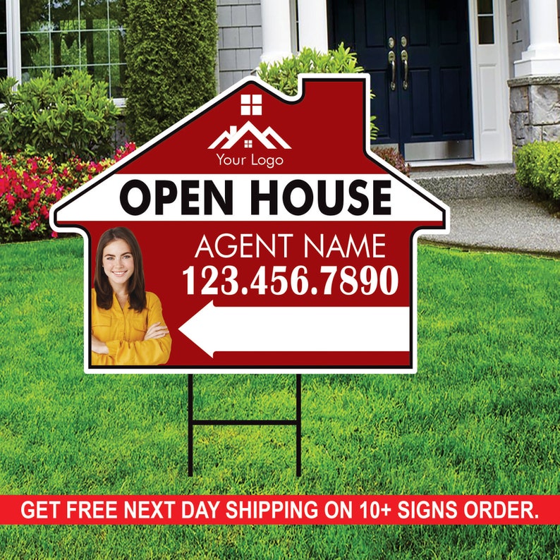 10 Pack Custom Open House Arrow Yard Sign 18" x 24", 2 Sided Add Your Text, Logo, Photo Personalized Directional Signs with Metal H-Stake