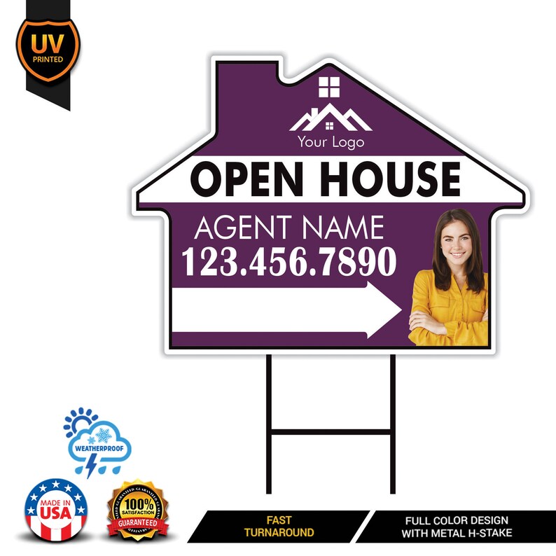 10 Pack Custom Open House Arrow Yard Sign 18" x 24", 2 Sided Add Your Text, Logo, Photo Personalized Directional Signs with Metal H-Stake