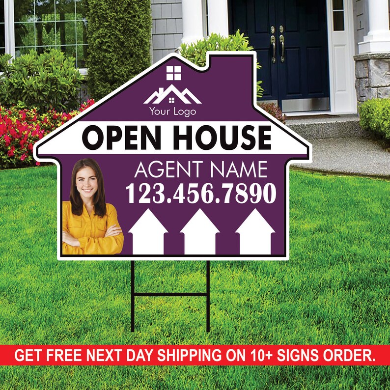 10 Pack Custom Open House Arrow Yard Sign 18" x 24", 2 Sided Add Your Text, Logo, Photo Personalized Directional Signs with Metal H-Stake