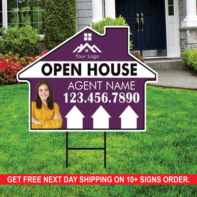 10 Pack Custom Open House Arrow Yard Sign 18" x 24", 2 Sided Add Your Text, Logo, Photo Personalized Directional Signs with Metal H-Stake