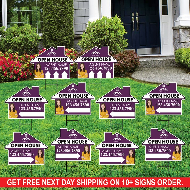 10 Pack Custom Open House Arrow Yard Sign 18" x 24", 2 Sided Add Your Text, Logo, Photo Personalized Directional Signs with Metal H-Stake