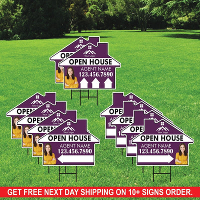 10 Pack Custom Open House Arrow Yard Sign 18" x 24", 2 Sided Add Your Text, Logo, Photo Personalized Directional Signs with Metal H-Stake